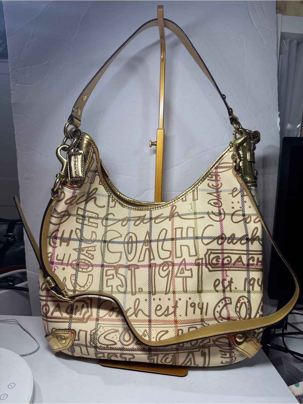Coach Cream poppy tattersall Signature Graffiti Canvas Hobo with Gold Trim strap